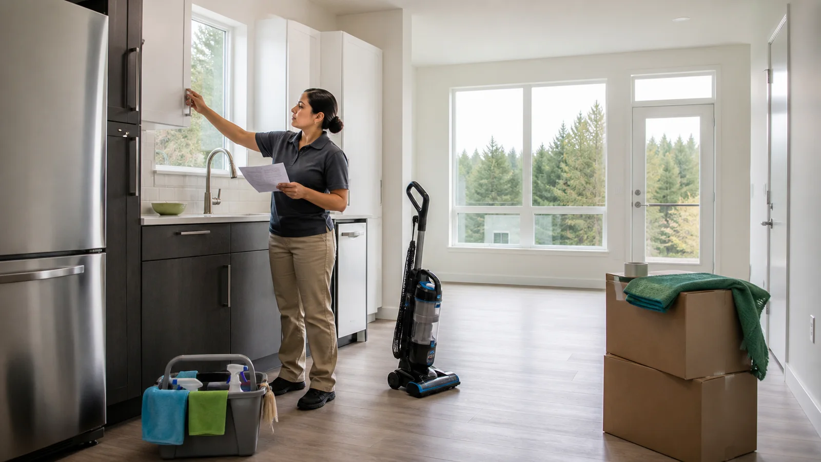 Professional cleaner preparing a bright empty apartment for a new resident in the Puget Sound area