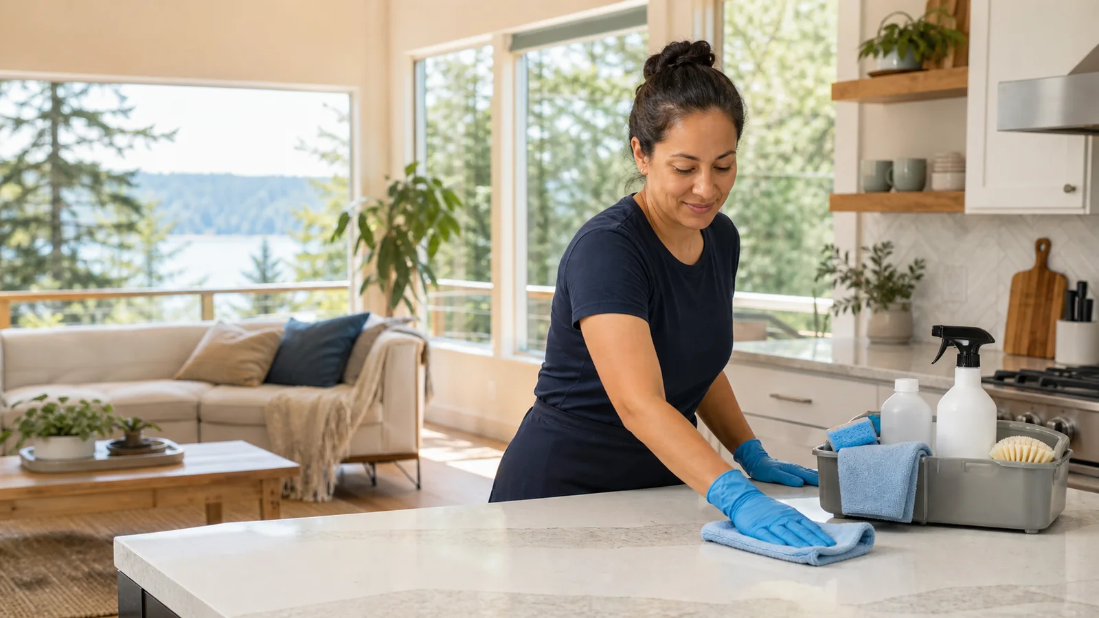A professional cleaner resetting a bright Puget Sound kitchen
