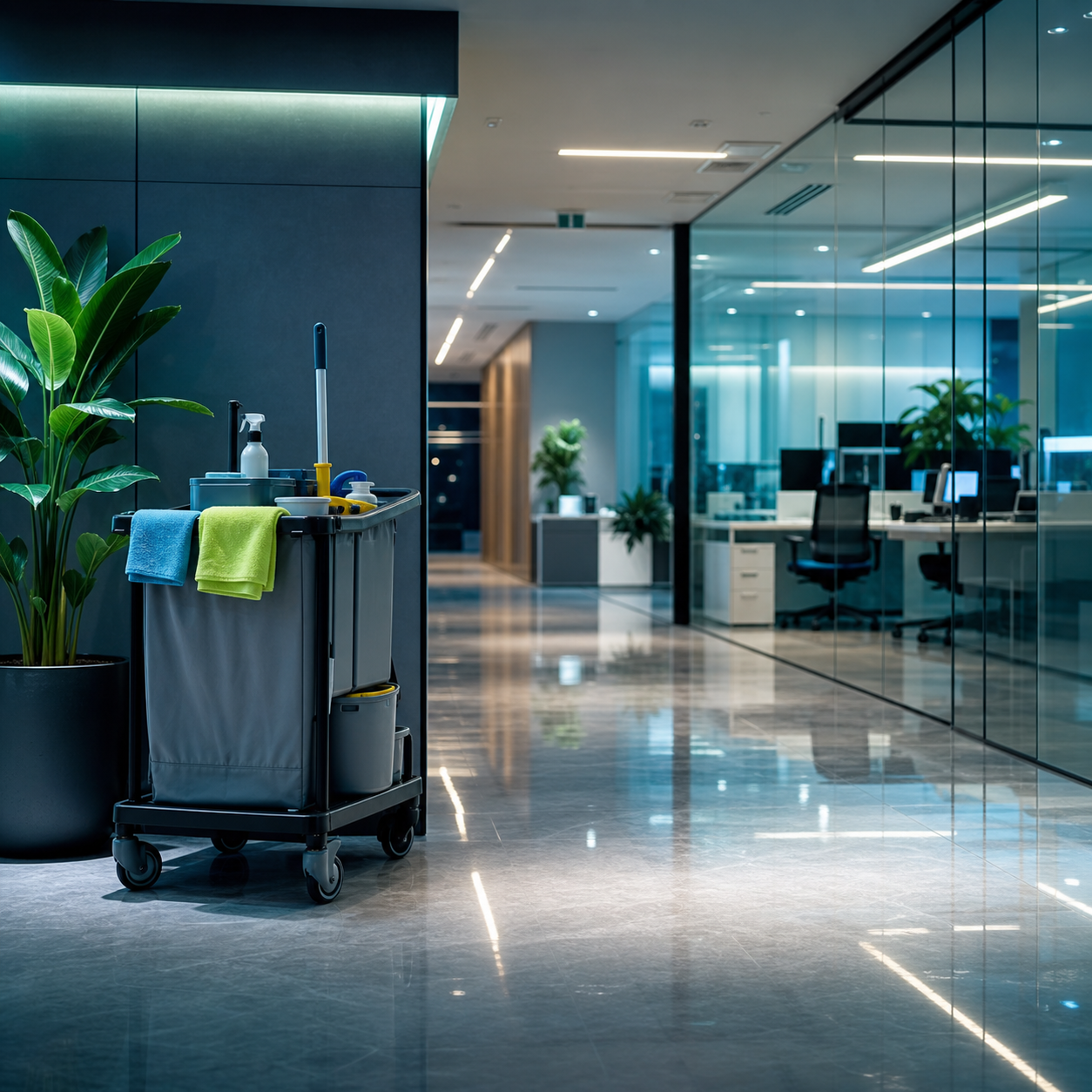 Polished modern office lobby with cleaning equipment ready